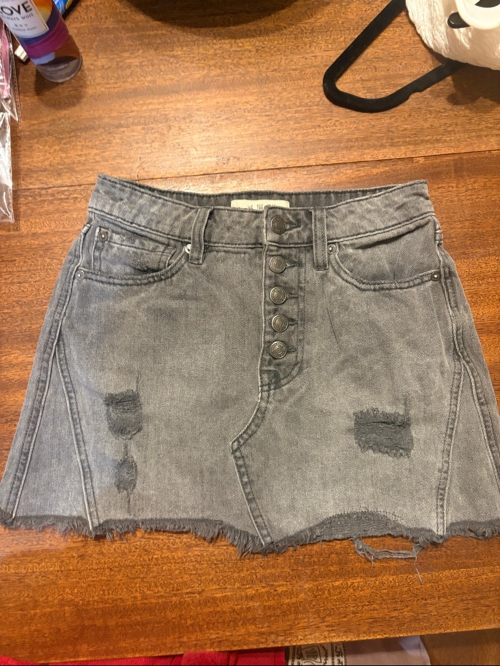 We The Free Washed Gray Distressed Button-Front Mini Skirt